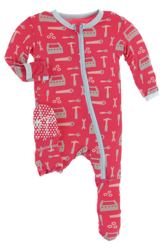 KicKee Pants Flag Red Construction Footie with Zipper, KicKee Pants, Bamboo Footie, CM22, Footie, Footie with Zipper, Gender Neutral Footie, KicKee, KicKee Footie, KicKee Footie with Zipper,