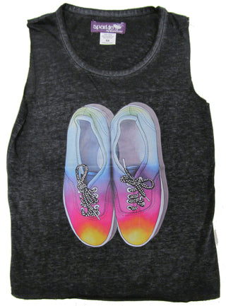 Sparkle by Stoopher Rainbow Sneakers Raw Edge Tank, Sparkle by Stoopher, Big Girls Clothing, Black Friday, Bling Tank Top, Cyber Monday, Els PW 5060, Girls Clothing, Rainbow Sneaker, Rainbow