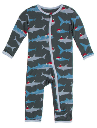 KicKee Pants Pewter Santa Sharks Coverall with Zipper, KicKee Pants, All Things Holiday, Christmas, Christmas Coverall, Christmas Pajama, Christmas Pajamas, CM22, Coverall, Coverall with Zipp