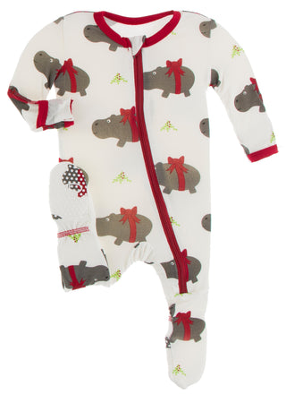 KicKee Pants Natural Christmas Hippo Footie with Zipper, KicKee Pants, All Things Holiday, Christmas, Christmas Footie, Christmas Pajama, Christmas Pajamas, CM22, KicKee, KicKee Pants, KicKee