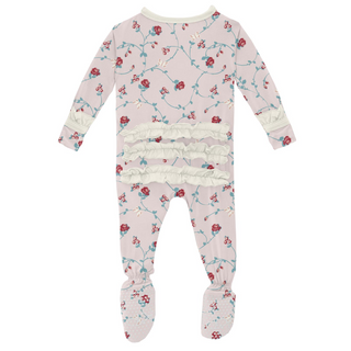 KicKee Pants Macaroon Floral Vines Classic Ruffle Footie with Zipper, KicKee Pants, Classic Ruffle Footie with Zipper, CM22, Footie, Footie with Zipper, KicKee, KicKee Footie, KicKee Footie w