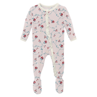 KicKee Pants Macaroon Floral Vines Classic Ruffle Footie with Zipper, KicKee Pants, Classic Ruffle Footie with Zipper, CM22, Footie, Footie with Zipper, KicKee, KicKee Footie, KicKee Footie w