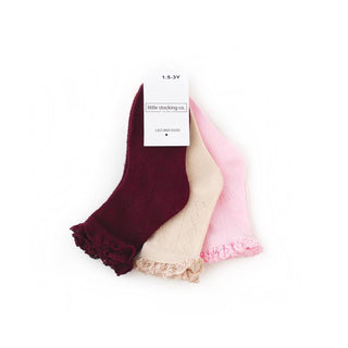 Little Stocking Co Lace Fancy Midi Sock Set (3 Pair) - Juliet, Little Stocking Co, cf-size-0-6-months, cf-size-6-18-months, cf-type-ruffle-socks, cf-vendor-little-stocking-co, Fall 2021, Lace
