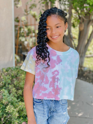 Paper Flower Multi-Color Tie Dye S/S Crop Tee, Paper Flower, CM22, Crop Tee, JAN23, Paper Flower, Paper Flower Multi-Color Tie Dye S/S Crop Tee, Tee - Basically Bows & Bowties