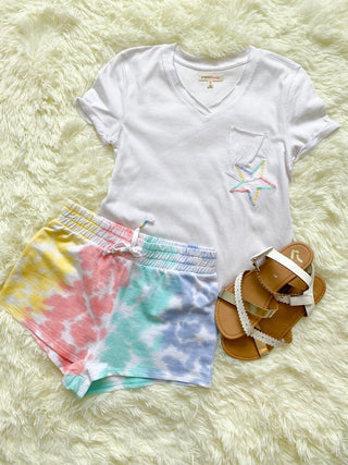 Paper Flower Twisted Sleeve with Rainbow Embroidery Star  Slouchy Pocket Tee, Paper Flower, Blue, cf-size-large-12, cf-type-tee, cf-vendor-paper-flower, JAN23, Paper Flower, Paper Flower Twis