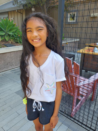 Paper Flower Twisted Sleeve with Rainbow Embroidery Star  Slouchy Pocket Tee, Paper Flower, Blue, cf-size-large-12, cf-type-tee, cf-vendor-paper-flower, JAN23, Paper Flower, Paper Flower Twis