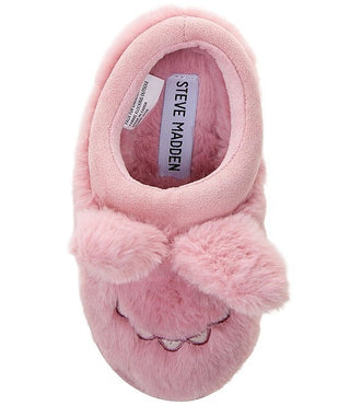 Steve Madden toddler pink monster slippers with playful monster face details and soft indoor sole