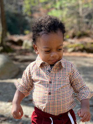Me & Henry Jasper Woven Onesie - Navy / Gold Plaid, Me & Henry, Boys Clothing, cf-size-12-18-months, cf-size-18-24-months, cf-size-3-6-months, cf-size-6-9-months, cf-size-9-12-months, cf-type