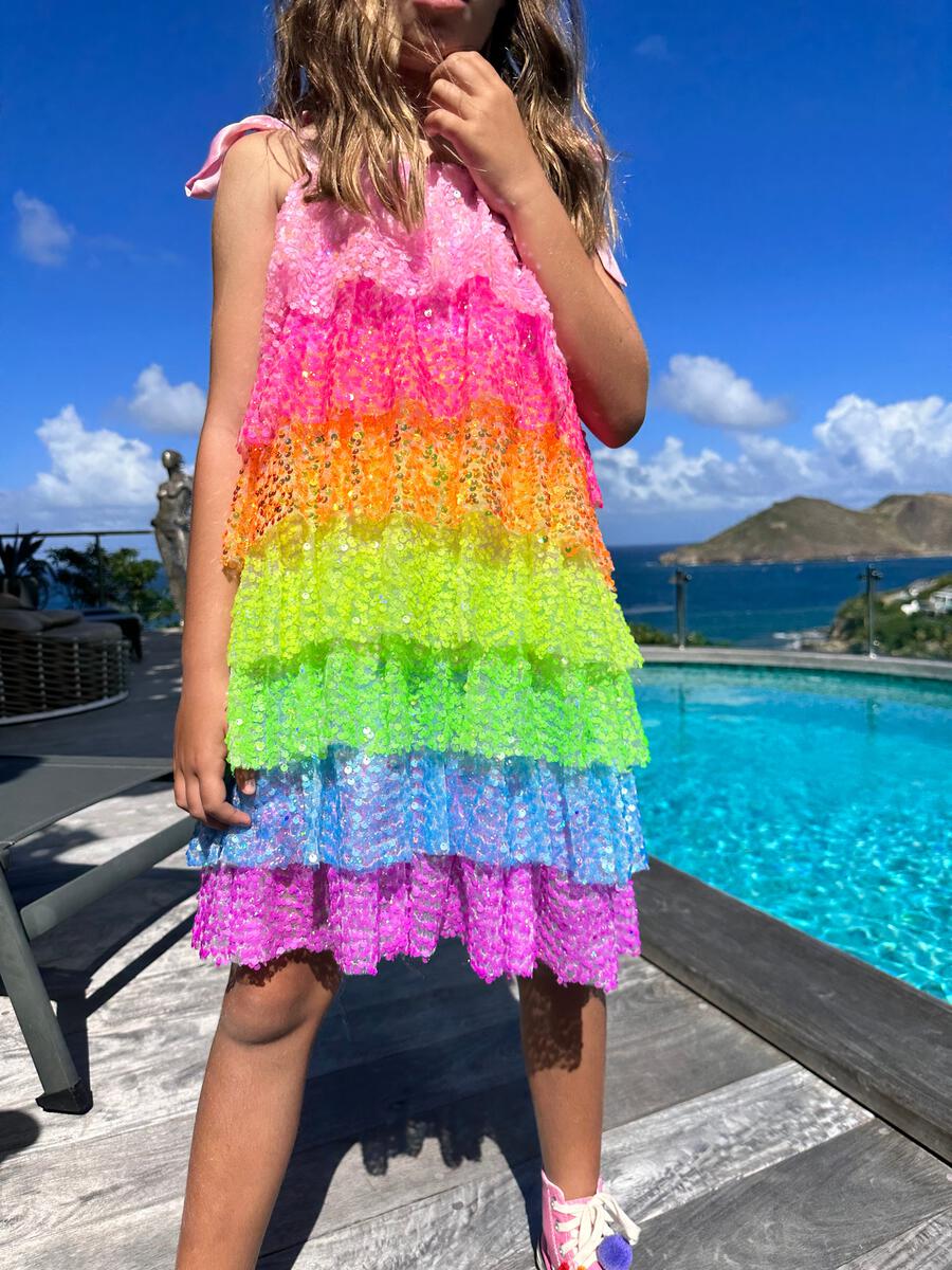 Lola The Boys Neon Sequin Ruffle Dress w Tie Shoulders Multicolors Size 10Y Maisonette