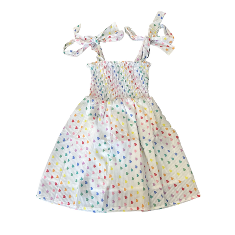 Tweenstyle Rainbow Heart Print Smocked Tie Strap Dress