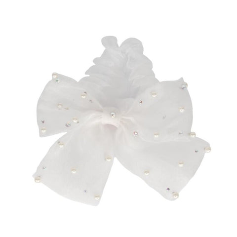 Bari Lynn Tulle Bow Scrunchie with Pearls & Swarovski Crystals - White