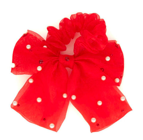 Bari Lynn, Bari Lynn Tulle Bow Scrunchie with Pearls & Swarovski Crystals - Red - Basically Bows & Bowties