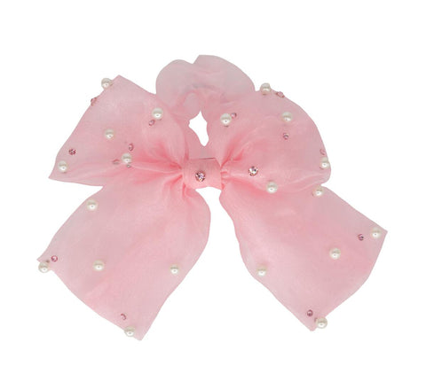 Bari Lynn Tulle Bow Scrunchie with Pearls & Swarovski Crystals - Pink