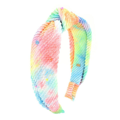 Bari Lynn Tie Dye Crinkle Twist Knot Headband with Crystals - Neon