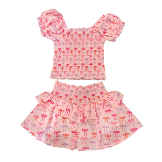 Tweenstyle by Stoopher Bows Smocked Crop Top and Tiered Skirt Set