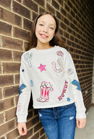 Paper Flower, Paper Flower Howdy Sequin and Embroidery Western Icon Sweatshirt - Basically Bows & Bowties