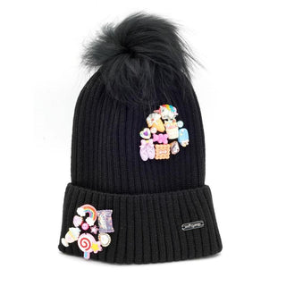 Bari Lynn Fun Charms Hat with Fur Pom - Black