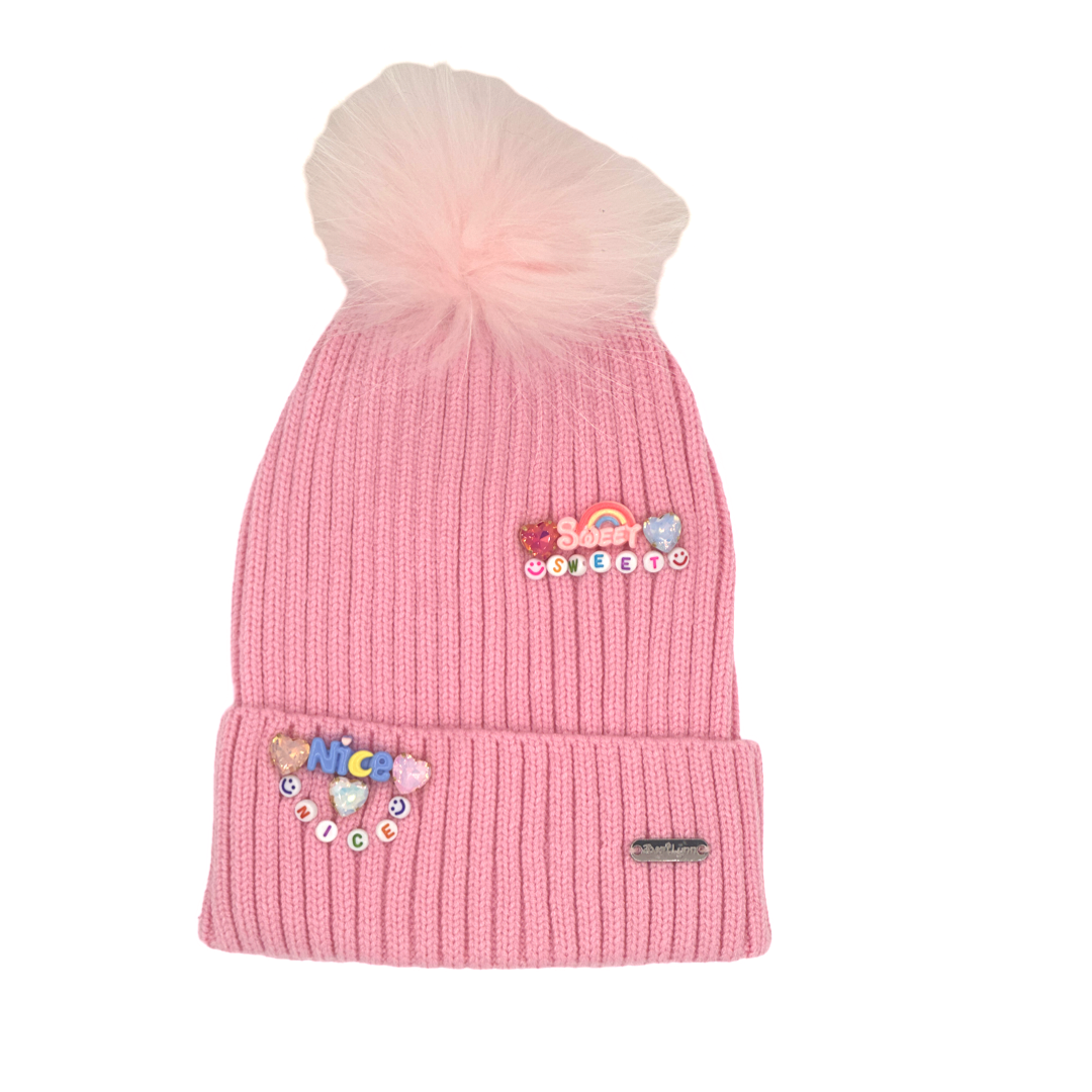 Bari Lynn Fun Charm Words Hat with Fur Pom Pink, Bari Lynn, Bari