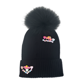 Bari Lynn Fun Charm Words Hat with Fur Pom - Black