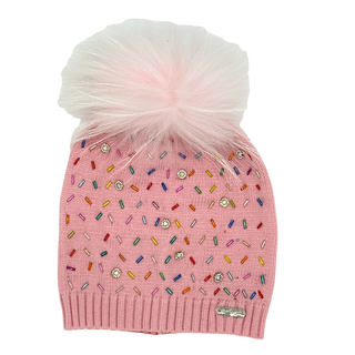 Bari Lynn Sprinkle & Jeweled Hat with Fur Pom - Pink