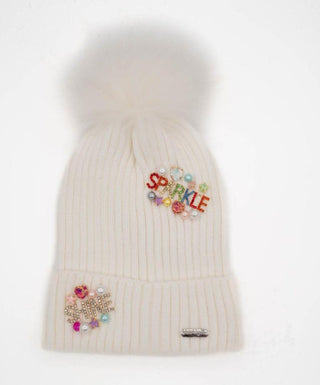 Bari Lynn Crystallized Charm Words Hat with Fur Pom