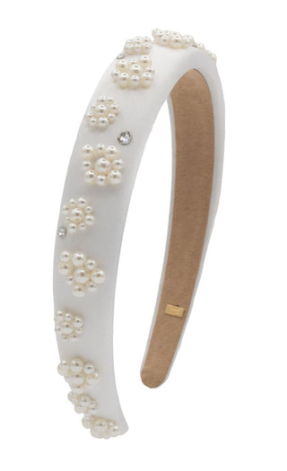 Bari Lynn Crystalized Pearl Flower Satin Headband
White headband with pearl embellishments on a white background