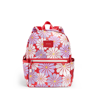 State Bags Kane Double Pocket Backpack - Ruby Floral Floral-patterned backpack with red accents on a white background