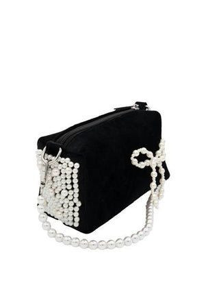 Bari Lynn Velvet Bag with Pearl Bow & Handle - Black
Black clutch bag with pearl strap on a white background