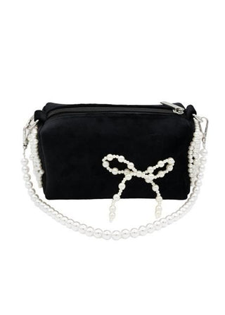 Bari Lynn Velvet Bag with Pearl Bow & Handle - Black
Black handbag with a pearl bow and chain on a white background