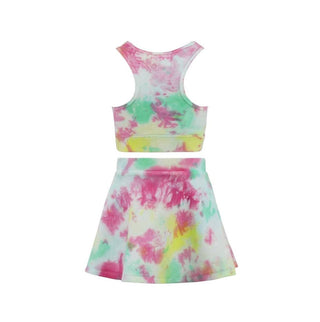 Lola & The Boys tie dye tennis activewear set featuring a sleeveless top and shorts in vibrant colors.