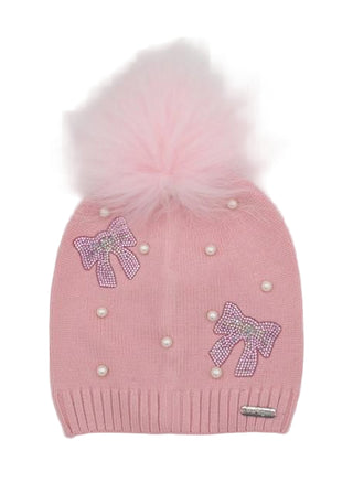 Bari Lynn Crystalized Bow with Pearls Fur Pom Hat - Pink
Pink knit beanie with bow and pearl embellishments on a white background