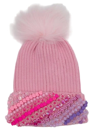 Bari Lynn Rainbow Charm Cuff Beanie with Fur Pom - Pink
Pink knit beanie with pom-pom and decorative beads on a white background