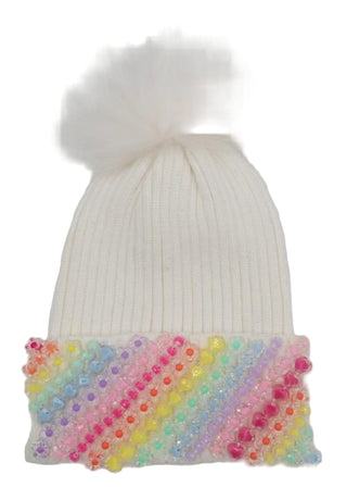 Bari Lynn Rainbow Charm Cuff Beanie with Fur Pom - Ivory
White knit beanie with colorful bead pattern on a white background