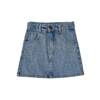 Lola and The Boys Rainbow Sparkle Denim Skirt
Blue denim skirt with a button on a white background