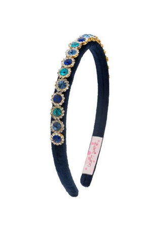 Bari Lynn Thin Velvet Round Jewel Headband - Navy
Navy blue headband with colorful gemstones on a white background
