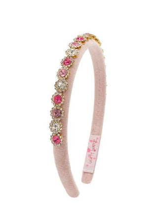 Bari Lynn Thin Velvet Round Jewel Headband - Pink
Pink headband with decorative elements on a white background