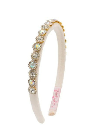 Bari Lynn Thin Velvet Round Jewel Headband - Ivory
Decorative headband with crystals on a white background