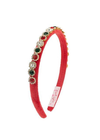 Bari Lynn Thin Velvet Round Jewel Headband - Red
Red headband with decorative elements on a white background