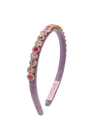 Bari Lynn Thin Velvet Round Jewel Headband - Lavender
Purple headband with decorative gems on a white background