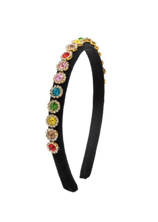 Bari Lynn Thin Velvet Round Jewel Headband - Black
Black headband with colorful gemstones on a white background