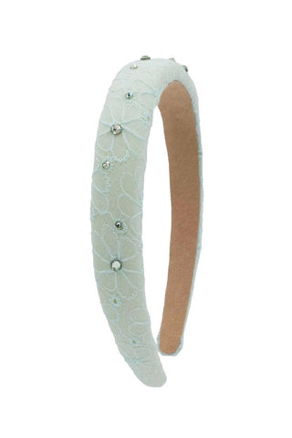 Bari Lynn mint cr crystallized eyelet padded headband with decorative eyelet details and sparkly embellishments on a white background.