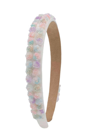 Bari Lynn Full Rose Charm Thin Headband - Pastel
Headband with pastel floral and bow design on a white background