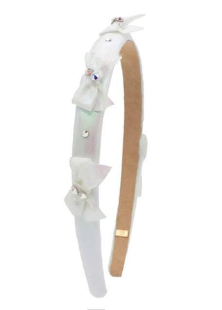 Bari Lynn Crystallized Shimmer Multi Bow Halo Thin Headband - White
Decorative headband with white bows and gold accents on a white background