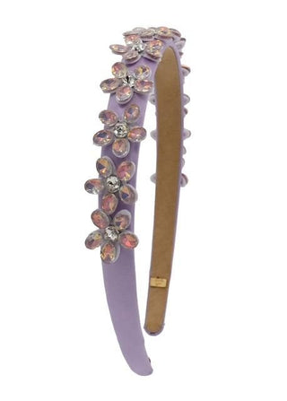 Bari Lynn Full Jewel Flower Thin Headband - Lavender
Purple headband with floral embellishments on a white background