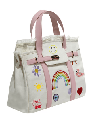 Lola and The Boys Beachkin Bag
White tote bag with colorful embroidered designs on a white background