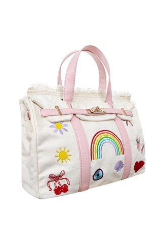 Lola and The Boys Beachkin Bag
White handbag with colorful designs on a white background