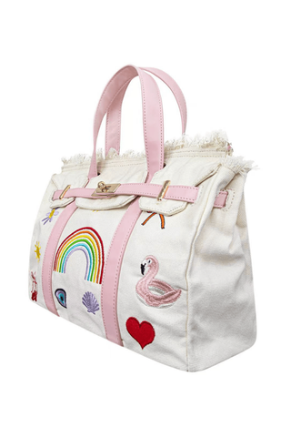 Lola and The Boys Beachkin Bag
White bag with pink handles, rainbow, swan, and heart designs on a white background