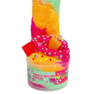 Peachybbies Slime - Triple Melon Freeze
A tub of 'Triple Melon Freeze' kids' slime with three layers of colorful slime visible through the clear container, topped with watermelon-themed sprinkles and fruit pieces, on a white background.