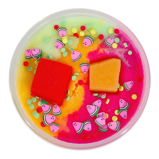 Peachybbies Slime - Triple Melon Freeze
A round plastic tub filled with bright multicolor slime, featuring pink, yellow, and orange sections, decorated with watermelon slice charms, small round confetti sprinkles, and two solid-colored square inserts.