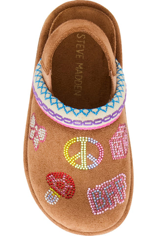 Steve Madden Toddler Chip Faux Suede Clog - Cognac Multi
A single Steve Madden slip-on clog shoe in tan suede, decorated with colorful rhinestone peace signs, hearts, and a patterned trim, shown against a plain white background.